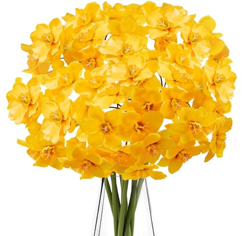Zythrem 12Pcs Artificial Daffodils, Yellow Daffodils Artificial Flowers, Silk Fake Narcissus Flowers, Faux Spring Bouquet, Plastic Daffodil for Home Wedding Garden Floral Arrangements Grave Flower