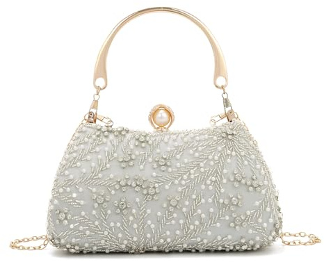 EVEOUT Clutch de Strass Perlas para Mujer Elegante Bolso de Perla Nupcial con Cadena Bolsos Bandolera Cristales para Novia Boda Noche Fiesta