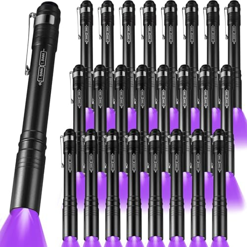Rossesay 24 Pack Christmas Men Gifts UV Blacklight Flashlights Bulk, 395nm UV Pen Light with Clip, LED Handheld Blacklight Detector for Leak Pet Urine Hotel Inspection Neon Party Favors (Black)
