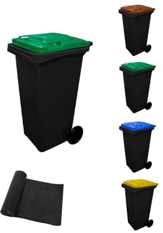 JARDIN202 - Contenedor de basura reciclables Ecodiseño 120L 2 ruedas | 120 L + Bolsas (TAPA VERDE)