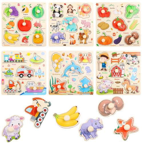 NewZC Baby Greifpuzzle Holz Set 6 Themen Pädagogisches Puzzle Montessori Holzpuzzle mit Griffen Kleinkinder Steckpuzzle für Mädchen and Jungen ab 1 Jahre - Obst Bauernhof Insekten Tiere Auto