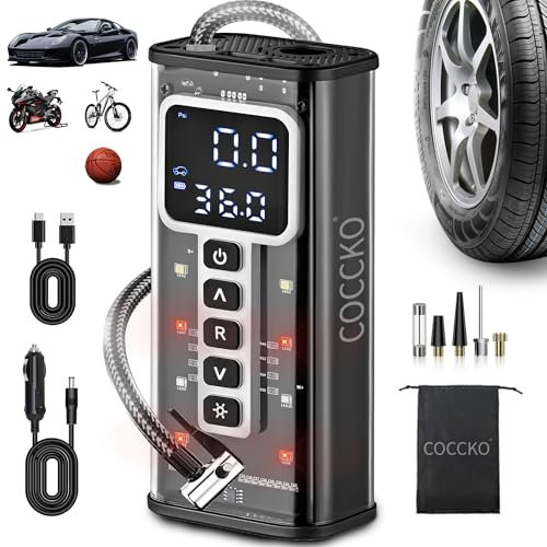 Gonfleur Pneus Voiture Sans Fil,COCCKO 6000mAh Compresseur à Air Portatif pour Pneus, 150PSI gonfleur velo electrique,LED et Arrêt Automatique, avec 3M Cigarette Lighter 12V et Storage Bag