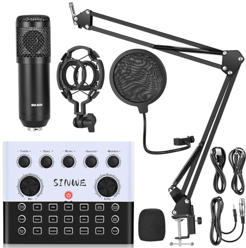 F993 All-in-One Podcast Equipment Bundle，BM-800 Recording Studio Package with Voice Changer, Live Sound Card - Audio Interface for Vlog/Live Streaming/Singing/YouTube/Gaming(White)