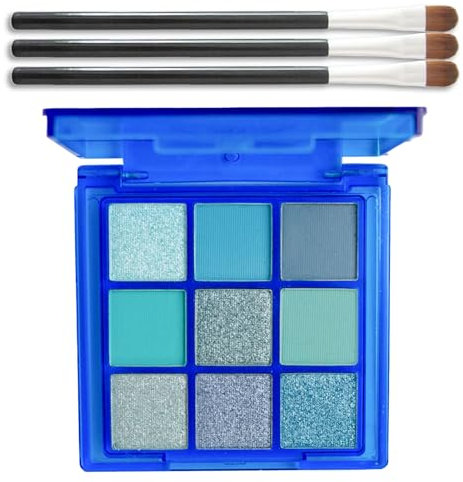 EONFAVE Palette de fards à paupières, 9 couleurs, bleu, vert, doux, mat, brillant, imperméable, hautement pigmenté, métal flash, avec 3 brosses (bleu ciel)