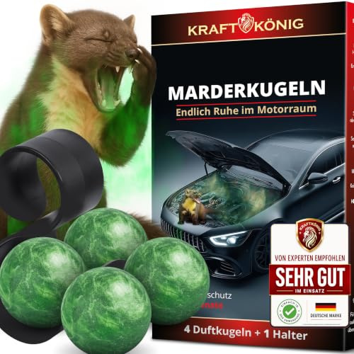 KRAFTKÖNIG Marderschreck Auto – 4X Marderkugeln mit Halterung – Hochwirksamer Duft gegen Marder im Motorraum – Reduziert das Kabelbiss-Risiko bis zu 6 Monate – Marderabwehr Auto