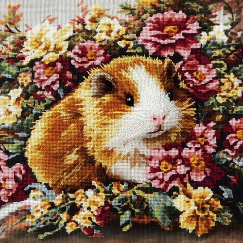 ASONGLINGO Kit Tapis Au Point Noué, Cochon d'Inde animal et fleurs Kit de crochet de verrouillage, coussin de avec motif pré-imprimé sur toile faite à la main, Point Noué Coussin 43x43cm