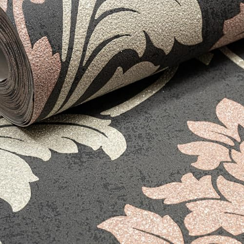 SOPHIE LAURENCE Black Damask Floral Wallpaper – Pink & Cream Flowers with Silver Glitter, Textured Heavy Vinyl Feature Wall Roll