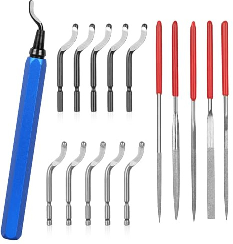 KOMABLEN Sbavatore di Attrezzi Set, Sbavatura Strumento con 10 Pezzi HSS Lame e 5 Lime Diamantate, 360°Rotazione Sbavatore per Metallo per Stampante 3D, Plastica, Alluminio, Rame e Acciaio