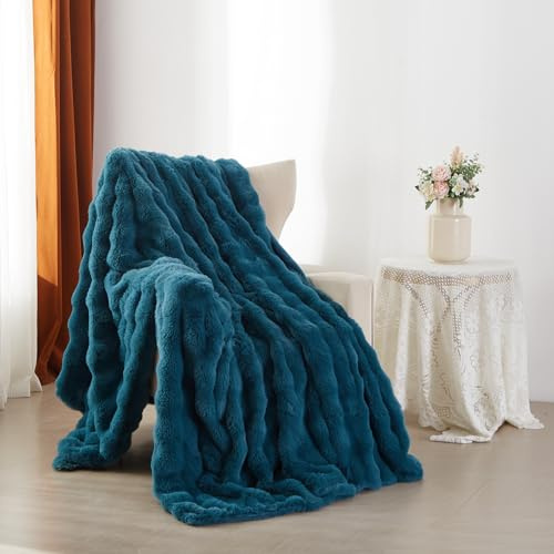 YASMENG Manta de felpa mullida para invierno, cálida, color azul petróleo, de pelo largo, 220 x 240 cm, supersuave, suave, mullida, gruesa, de conejo de piel sintética, para cama, sofá, dormitorio