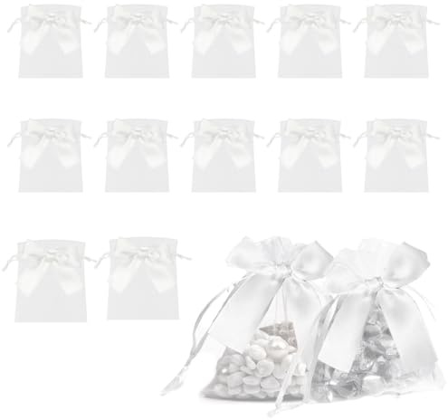 12 Unidades Bolsitas de Organza, Bolsas de Regalo con Lazos, Saquitos, Bolsa de Regalo de Navidad, Regalos de Boda, Para Joyas, Festivales, Bodas Favores Y Dulce (Blancas, 9 * 12 cm)