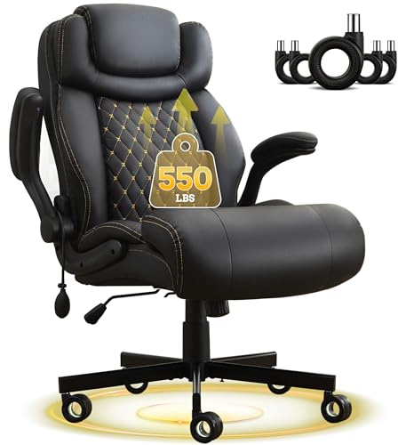 550LBS Big and Tall Office Chair, Comfy Heavy Duty Executive Chair with Adjustable Lumbar Support Double Spaces Casters, PU Leather Extra Wide Seat Ergonomic Computer Desk Chair for Back Pain, Black