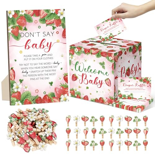 102 Pcs Strawberry Baby Shower Game Supplies Include 50 Diaper Raffle Tickets,1 Diaper Raffle Card Box,1 Don't Say Baby Sign and 50 Strawberry Mini Clothespins for Girls Gender Reveal Party Favors