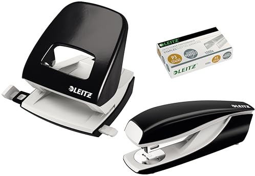 Leitz Büro Locher aus Metall, Für 30 Blatt, Anschlagschiene mit Formatangaben, Die Nummer 1 am Markt, Ergonomisches Design (Schwarz, Komplett-Set)