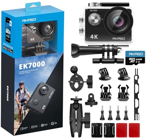 AKASO EK7000 Action Camera with 64GB microSDXC Memory Card + Motorcycle Accessories Kit Bundle
