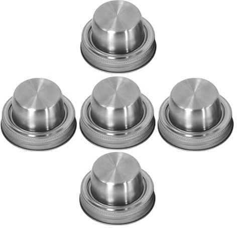 JEWEDECO 5 Pcs Stainless Steel Mason Jar Shaker Lids with Spice Dispenser and Flour Sieve Features, Suitable for Home Bar and Picnics, Sturdy Silver Cocktail Maker Accessories