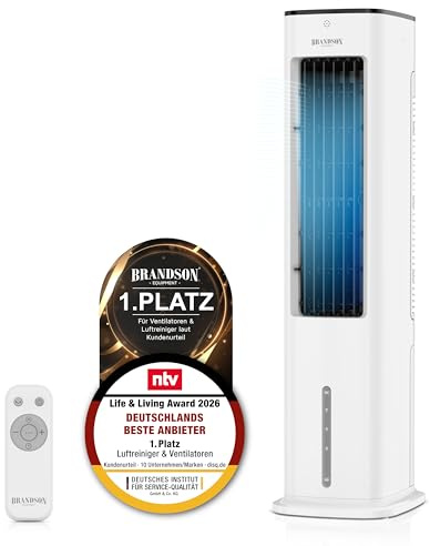 Brandson - Turmventilator mit Wasserkühlung - Sieger Ventilatoren und Luftkühler 2026-5 in 1 Verdunstungskühler - Luftkühler - Ventilator - mobile Klimaanlage ohne Abluftschlauch - sehr leise