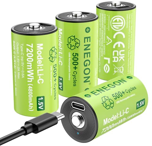 ENEGON 4 pilas recargables C/LR14, baterías de 1,5 V 7200 mWh con cable de carga rápida USB-C – Ideal para reproductores de CD, radios, linternas, luces de camping/emergencia, juguetes para niños