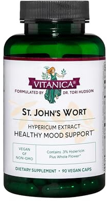 Vitanica St. John's Wort Capsules - Non-GMO Potent 0.3% (900mcg) Hypericin, Saint Johns Wort for Mood, Emotional & PMS Support, Vegan Supplement, 90 Count (St. John's Wort)