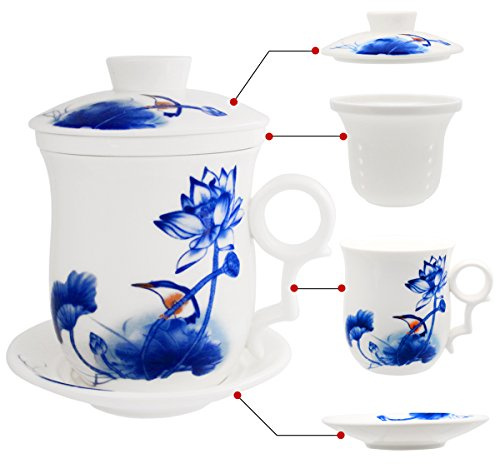 Tasse en porcelaine avec couvercle et soucoupe Hollihi - Infuseur de thé chinois en porcelaine Jingdezhen pour thé en vrac ou café - Pour la maison ou le bureau
