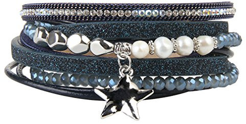 JOYMIAO Leder Seil geflochten Armband Kristall Perle Charme Leder Armbänder Multi-Layer-Leder Wrap Manschette Armreif mit Magnetverschluss für Frauen (Blau)