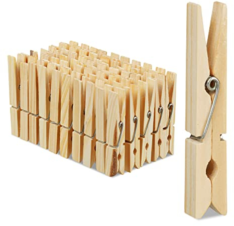 Relaxdays Wäscheklammern Holz, 100er Set, große Holzwäscheklammern, Basteln, Klammern zum Trocknen, Metallfeder, Natur, Pack, Naturfarben