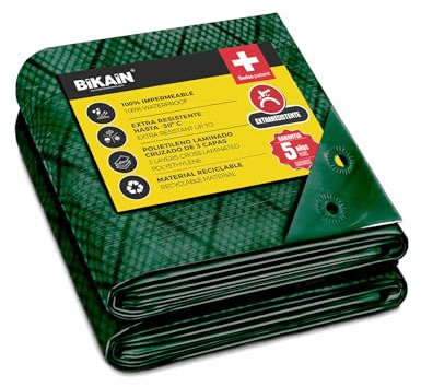 BIKAIN Bâche Extérieure Imperméable Verte 6 x 10 m 90 g/m² Renforcée | Œillets renforcés, protection UV, triple couche laminée, légère, souple et résistante jusqu'à -30 °C