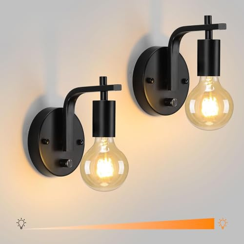 Lightess 2er Pack Industrielle Wandlampen Schwarze Wandleuchten mit dimmbarem Dimmerschalter Innen E27 Vintage-Wandleuchten für Schlafzimmer,Küche,Café(Leuchtmittel nicht im Lieferumfang enthalten) | Wandleuchte 0-100% dimmbar, E27 max 40W, Metall schwarz, für Wohnzimmer Schlafzimmer Flur Küche Café ohne Glühbirne