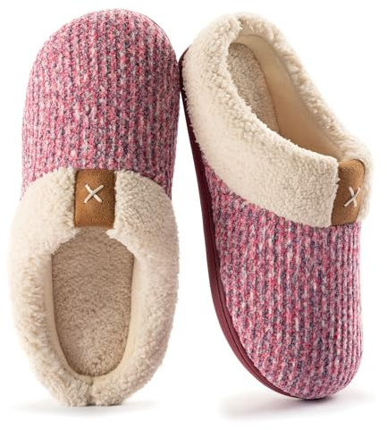 ULTRAIDEAS Women's Indoor Bedroom Slipper with Memory Foam, Gift for Women, Wool-Like House Shoe with Anti-Skid Rubber Sole for Ladies (7-8, Pink)