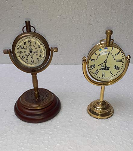 Ganga Nautical Tischuhr, 2 Stück, goldfarben und braun, antiker Stil, massives Messing und Glas, Globus-Farbe, goldfarben, Größe ca. 10,2 cm