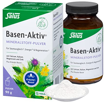 Salus Basen-Aktiv Mineralstoff-Kräuterextrakt-Pulver – Für Säure-Basen-Balance - Zink, Magnesium, Calcium und Kalium – Kräuter wie Mariendistel, Artischocke und Löwenzahn – Vegan, clean – 90 g