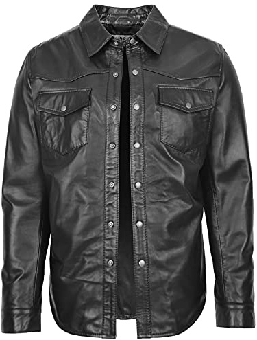 Camisa de cuero auténtico para hombre estilo clásico de camionero occidental Oliver, Negro, XL