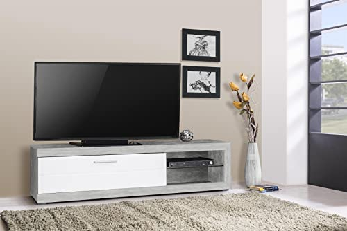 möbelando TV-Lowboard Unterschrank HiFi Element Fernsehtisch Wohnzimmer Schrank Ruma II Beton/Weiß-Hochglanz