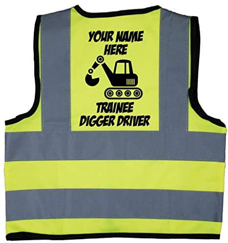Acce Products Personalised Trainee Digger Driver Baby, Toddler, Children, Kids Hi Vis Safety Jacket Vest Size 2-3 Years Yellow Optional Text On Front