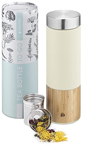 Navaris Teeflasche aus Edelstahl und Bambus - 500 ml Tee Flasche Teekanne to Go mit Sieb - auslaufsichere Trinkflasche Teebecher - Weiß