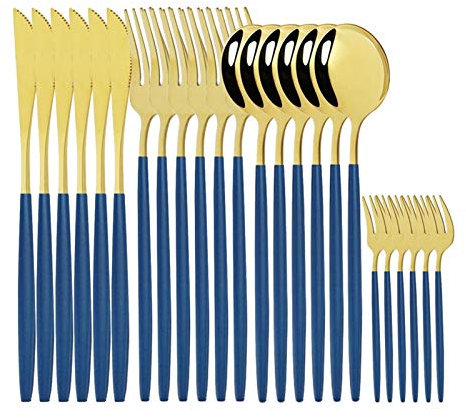 24 stücke Black Gold Geschirr Set Edelstahl Besteck Messer Gabel Löffel Besteck Set Geschirr Besteck Set essgeschirr (Color : Blue Gold)