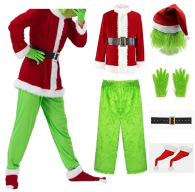 Aunaeyw Christmas Costume Set - Santa Claus Hat, Top, Boots, Green Hair Monster Mask, Gloves, Cosplay How Stole Christmas - Including Mask, Xmas Funny Cosplay Props (2XL, Red-1)