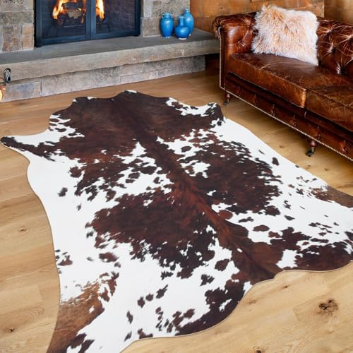 Tappeto in finta pelle di mucca, 1,4 x 1,6 m, con stampa di mucca, per camera da letto, soggiorno, sala da pranzo, decorazione occidentale, marrone, stampa animalier, tappeto antiscivolo