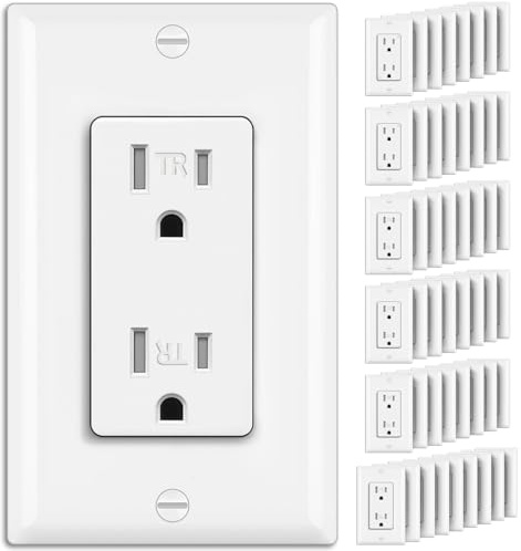 BESTTEN 50 Pack Receptacle Outlets, 15 Amp Wall Outlet, UL Listed, Tamper Resistant Electrical Outlet, Decorator Receptacles for Residential and Commercial Use, 125V/1875W, Wall Plate Included, White