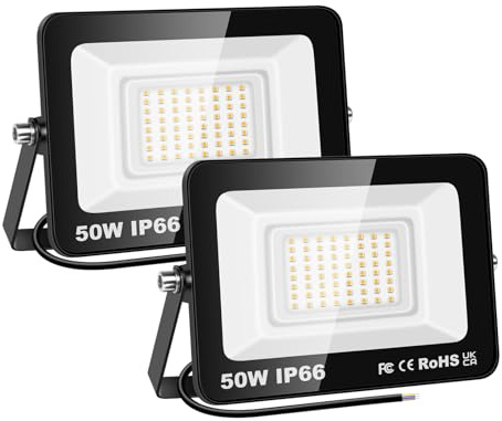 SKYWORLD 50W LED Luz de inundación, luz de trabajo de 5000 lm, luz blanca cálida, luces de seguridad de 5000 K, IP66 resistente al agua para jardín,césped, parque infantil, estadio, paquete de 2