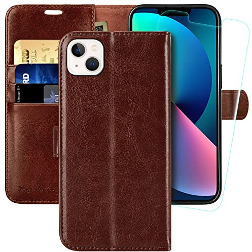 MONASAY Wallet Case for iPhone 14/15 Plus 5G,[Glass Screen Protector Included] [RFID Blocking] Flip Folio Leather Cell Phone Cover with Credit Card Holder for Apple iPhone 14/15 Plus 6.7-inch,Brown