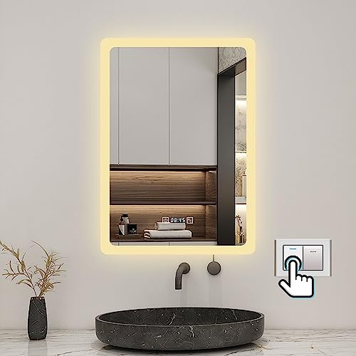Biubiubath 60x80cm LED Badspiegel mit Uhr,Touch,Beschlagfrei,Badspiegel mit Beleuchtung,Badezimmerspiegel mit 3 Lichtfarbe 3000-6000K Dimmbar,IP44