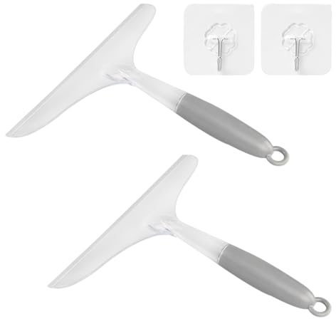 MEMOFYND 2 rasquetas de limpieza de cristal con 2 ganchos de plástico, rasqueta limpiacristales para puerta de baño, ducha, limpiacristales de coche, limpiador de ventanas (gris)