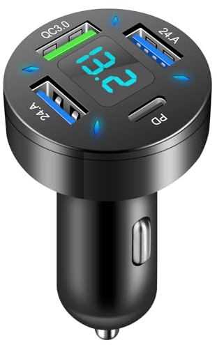 talifoca Caricabatterie da auto USB C con 4 porte, ricarica rapida QC3.0 da 50 W, voltmetro a LED, presa USB da 12 V, per iPhone, tablet Android e Samsung e tutti gli smartphone., SKCC-001