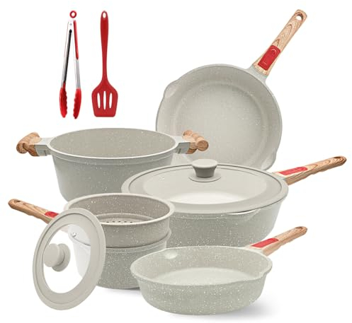 AIKENBBKK 10 piezas Juego de Ollas y Sartenes Cocina Antiadherentes Batería de Cocina Aluminio con mango extraíble, aptas para todas las placas, aptas para horno y lavavajillas (Blanco)