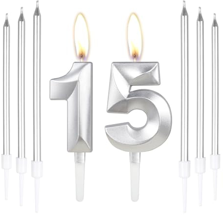 Silberne Kerzen zum 15ste Geburtstagskerze, Zahl 15 Kerzen mit 6 Langen Kerzen, Geburtstagsparty Kuchen Dekoration für Geburtstag, Party, Hochzeitstag