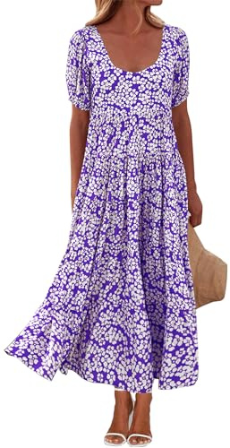 BTFBM Casual Women Summer Dresses 2024 Puff Sleeve Floral Maxi Dresses Smocked Backless Flowy Tiered Beach Long Dress, Purple White Flower, L