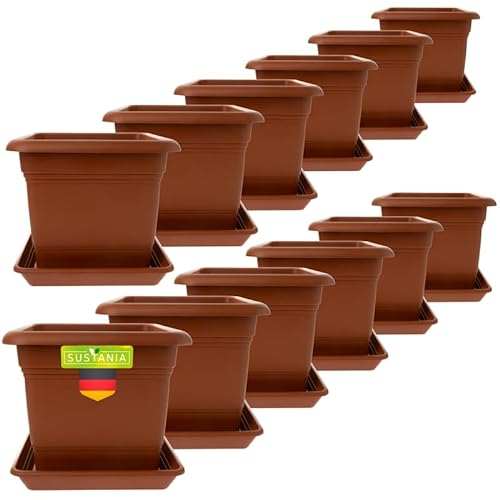 SUSTANIA Pflanzkübel Eckig 28x28 Terracotta 12er Set - Robuster Blumentopf GroÃŸ, Ãœbertopf Ideal für Tomatenpflanzen, Eckige Pflanztöpfe Kunststoff für Garten & Balkon