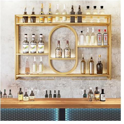 Weinregal Wand,Wand Montiert Eisen Weinregal Mit LED-Leuchten,Flaschenregal, Flaschenhalter,Weinflaschenhalter,Weinregal Metall,Weindisplay Aufbewahrungshalter Für Küche Bar Keller Zuhause(Gold,100x80