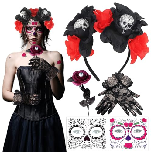 LGZIN Tag der Toten Haarreif Halloween, Dia de los Muertos Haarreif mit 2 Halloween Gesichtstattoos, Spitzenhandschuhe und Künstliche Rose, Kostüm Damen Haarschmuck für Halloween Karneval Fasching