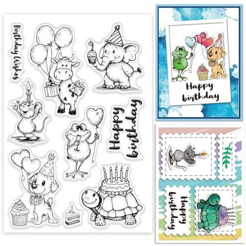 GLOBLELAND Silikonstempel Mit Cartoon Geburtstags Tiermotiv Maus Hund Frosch Elefant Kuh Schildkröte Transparente Stempel Siegel Mit Lustigen Tieren Transparente Stempel Für Scrapbooking
